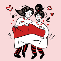 Two girls are holding indonesian flag