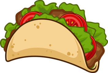 Cartoon Tacos With Meat And Vegetable. Hand Drawn Illustration Isolated On Transparent Background