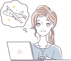 インターネットで旅行・航空券の予約をする女性のイラスト素材　ノートPCで旅行の計画を立てる人の絵素材