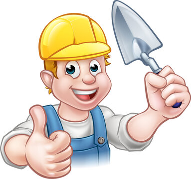 A cartoon builder or bricklayer construction worker holding a masons brick laying trowel hand tool, wearing a hard hat and giving a thumbs up