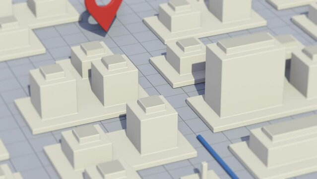 close-up view of a city map with buildings, animated route and location pin, concept of gps navigation app (3d render)