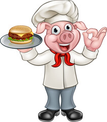 Cartoon Pig Chef Holding Burger