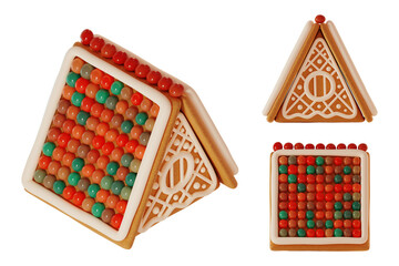 Making Gingerbread Houses. 2 main projection principal view and 1 isometric view, no prospective reduction. 3d rendering illustration. 
