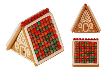 Making Gingerbread Houses. 2 main projection principal view and 1 isometric view, no prospective reduction. 3d rendering illustration. 