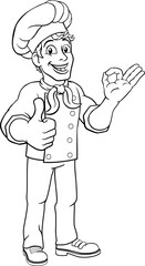 A chef cook or baker man cartoon character giving a thumbs up and perfect okay chefs hand sign.