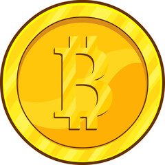 Cartoon Golden Coin With Bitcoin Sign. Hand Drawn Illustration Isolated On Transparent Background
