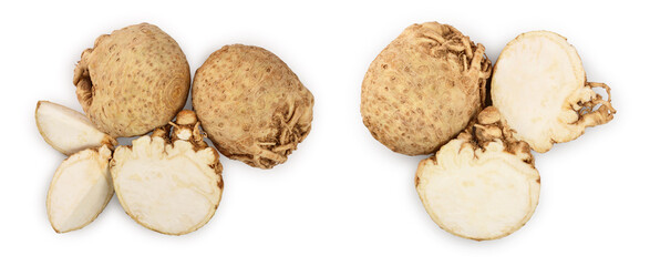 Fresh celery root isolated on white background. Top view. Flat lay.