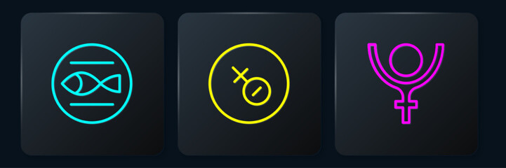 Set line Pisces zodiac, Symbol Pluto and Venus symbol. Black square button. Vector © Vadim
