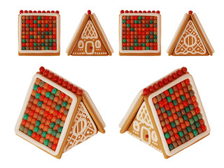 Making Gingerbread Houses. 4 projection principal view and 2 isometric view, no prospective reduction. 3d rendering illustration. 