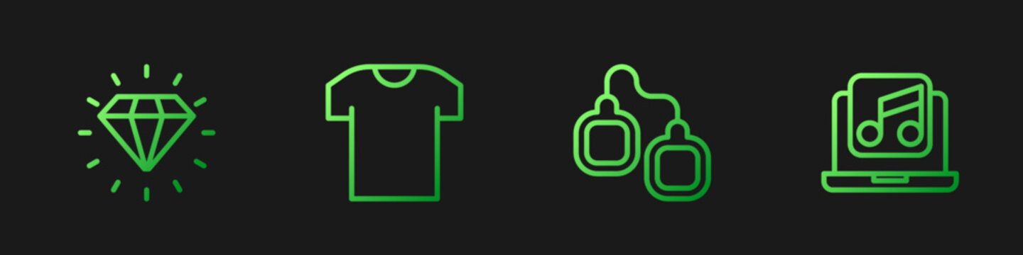 Set line Handcuffs, Diamond, T-shirt and Laptop with music. Gradient color icons. Vector