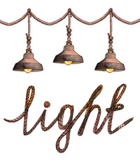 Watercolor illustration three loft-style metal chandeliers on ropes attached to on a tightrope, rope, inscription light.