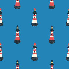 Lighthouses in the sea. Seamless pattern, vector illustration