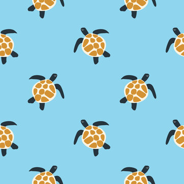 Turtle in the sea. Simple print. Seamless pattern, vector illustration