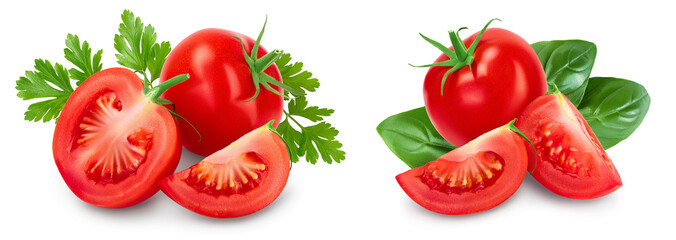 Tomato with slices isolated on white background with full depth of field.