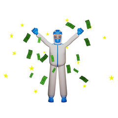 3D illustration. A Happy Face Paramedic with Hazmat Cartoon Character 3D has a lot of money. with both hands raised. showing a cheerful expression. 3D Cartoon Character