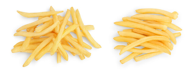 French fries or fried potatoes isolated on white background with full depth of field. Top view. Flat lay
