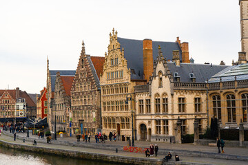 Obraz premium Beautiful view around St Michael's Bridge toward Graslei , Korenlei near Korenmarkt in old town of Ghent during winter : Ghent , Belgium : November 30 , 2019