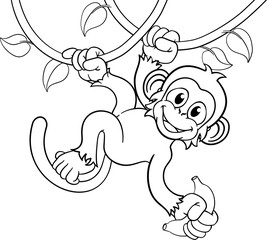Monkey Singing On Jungle Vines With Banana Cartoon