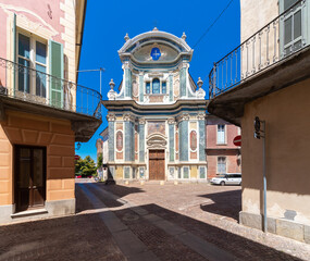 Obraz premium Cuneo, Piedmont, Italy - August 06, 2022: Church of Santa Croce of the Confraternity of the Holy Cross in via Santa Croce