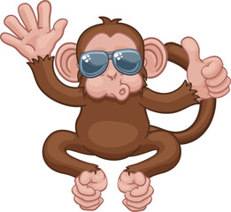 Monkey Sunglasses Waving Thumbs Up Cartoon Animal
