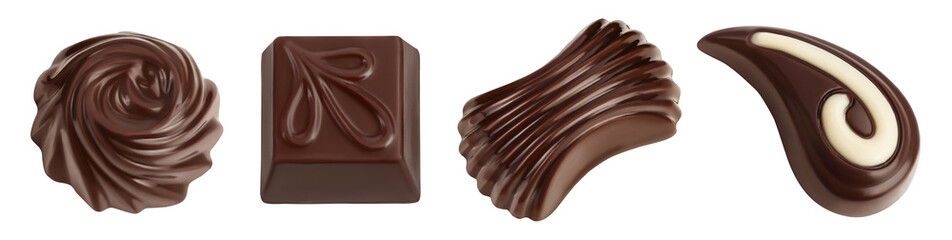 Chocolate candy isolated on white background with full depth of field. Top view. Flat lay. Set or collection