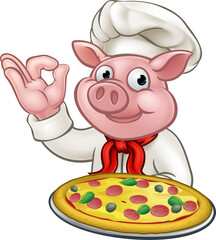 Cartoon Pizza Chef Pig Character Mascot