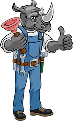 Rhino Plumber Cartoon Mascot Holding Plunger