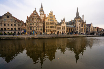 Beautiful view around St Michael's Bridge toward Graslei , Korenlei near Korenmarkt in old town of Ghent during winter : Ghent , Belgium : November 30 , 2019