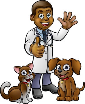 Vet with Pet Cat and Dog Cartoon Characters