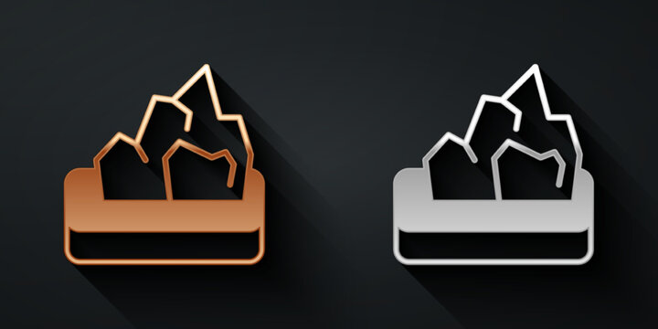 Gold and silver Ore mining icon isolated on black background. Long shadow style. Vector