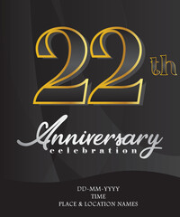 22nd  Anniversary Invitation and Greeting Card Design, Golden and Silver Coloured, Elegant Design, Isolated on Black Background. Vector illustration.