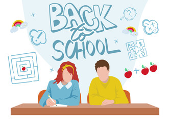 Handwritten lettering Back to school . Class with students. A couple of students. The girl is writing a task. The books on the table. School desk. Vector illustration in a flat style.