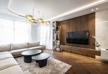 Interior of a modern living room with wooden wall decoration