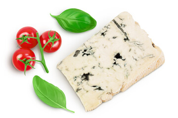 Blue cheese gorgonzola isolated on white background with full depth of field. Top view. Flat lay.