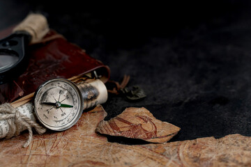 Columbus Day background. Map and discovery of old equipment. Exploration and history of America in...