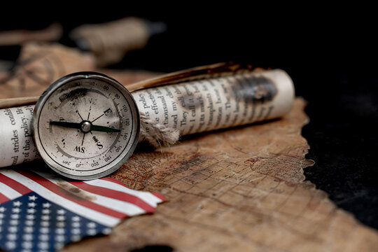 Columbus Day background. Map and discovery of old equipment. Exploration and history of America in October.