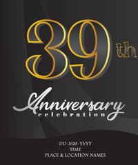 38th Anniversary Invitation and Greeting Card Design, Golden and Silver Coloured, Elegant Design, Isolated on Black Background. Vector illustration.