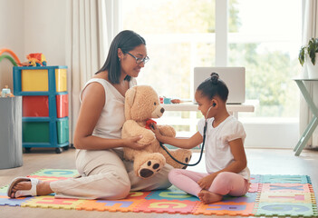 Kindergarten, education and stethoscope with teacher and girl playing doctor game with teddy bear...