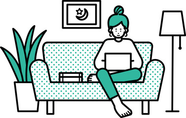 居間で在宅ワークをする女性のイラスト