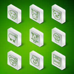 Set line Dog bone, Goose bird, Wild boar head, Sheep, Hippo or Hippopotamus, Cute panda face and Jellyfish icon. Vector © Vadim