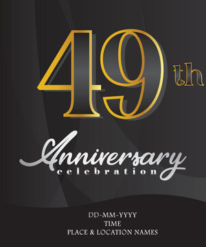 49th Anniversary Invitation and Greeting Card Design, Golden and Silver Coloured, Elegant Design, Isolated on Black Background. Vector illustration.