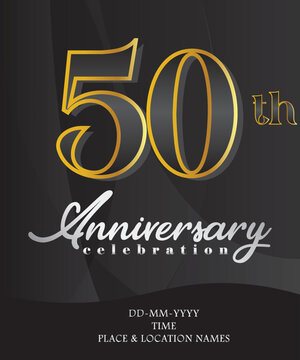 50th Anniversary Invitation and Greeting Card Design, Golden and Silver Coloured, Elegant Design, Isolated on Black Background. Vector illustration.