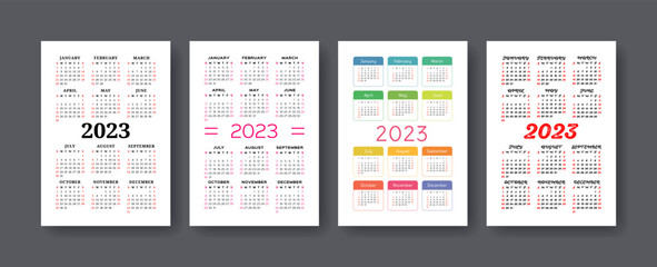 Calendar 2023 year set. Vector vertical template collection. Ready design. January, February, March, April, May, June, July, August, September, October, November, December