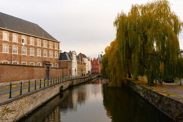 Lievekaai , Patershol , beautiful and romantic atmosphere areas in old town of Ghent during autumn ,  winter evening : Ghent , Belgium : November 30 , 2019