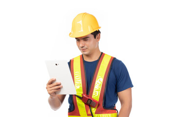 Construction handsome man worker in yellow helmet and reflective vest and using tablet for check work with team staff isolated on white background.