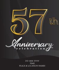 57th Anniversary Invitation and Greeting Card Design, Golden and Silver Coloured, Elegant Design, Isolated on Black Background. Vector illustration.