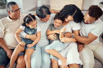 Big family, bonding fun and love of children, parents and grandparents while sitting together on...