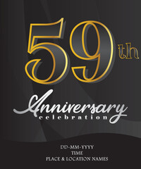59th Anniversary Invitation and Greeting Card Design, Golden and Silver Coloured, Elegant Design, Isolated on Black Background. Vector illustration.