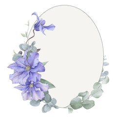 An oval floral frame with blue clematis, buds, leaves and eucalyptus branches hand drawn in watercolor isolated on a white and light green background. Watercolor illustration.