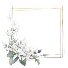 A square golden frame with white clematis flowers, buds and stems with leaves hand drawn in watercolor isolated on a white background. Watercolor illustration.	